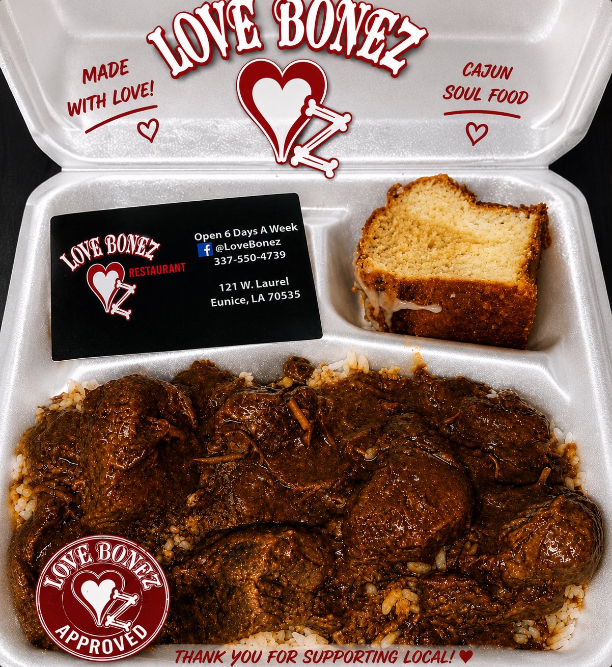 A Love Bonez plate of smothered meat over rice with a slice of pound cake