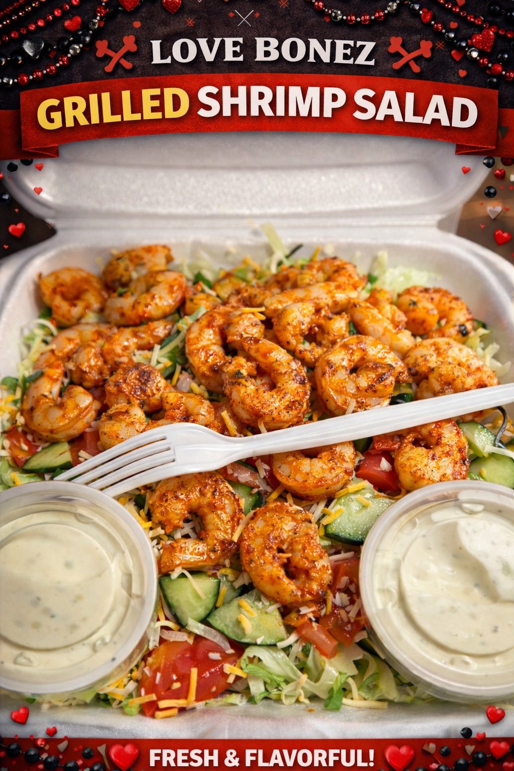 Grilled shrimp salad with cheese, tomato and cucumber, two dressings on the side