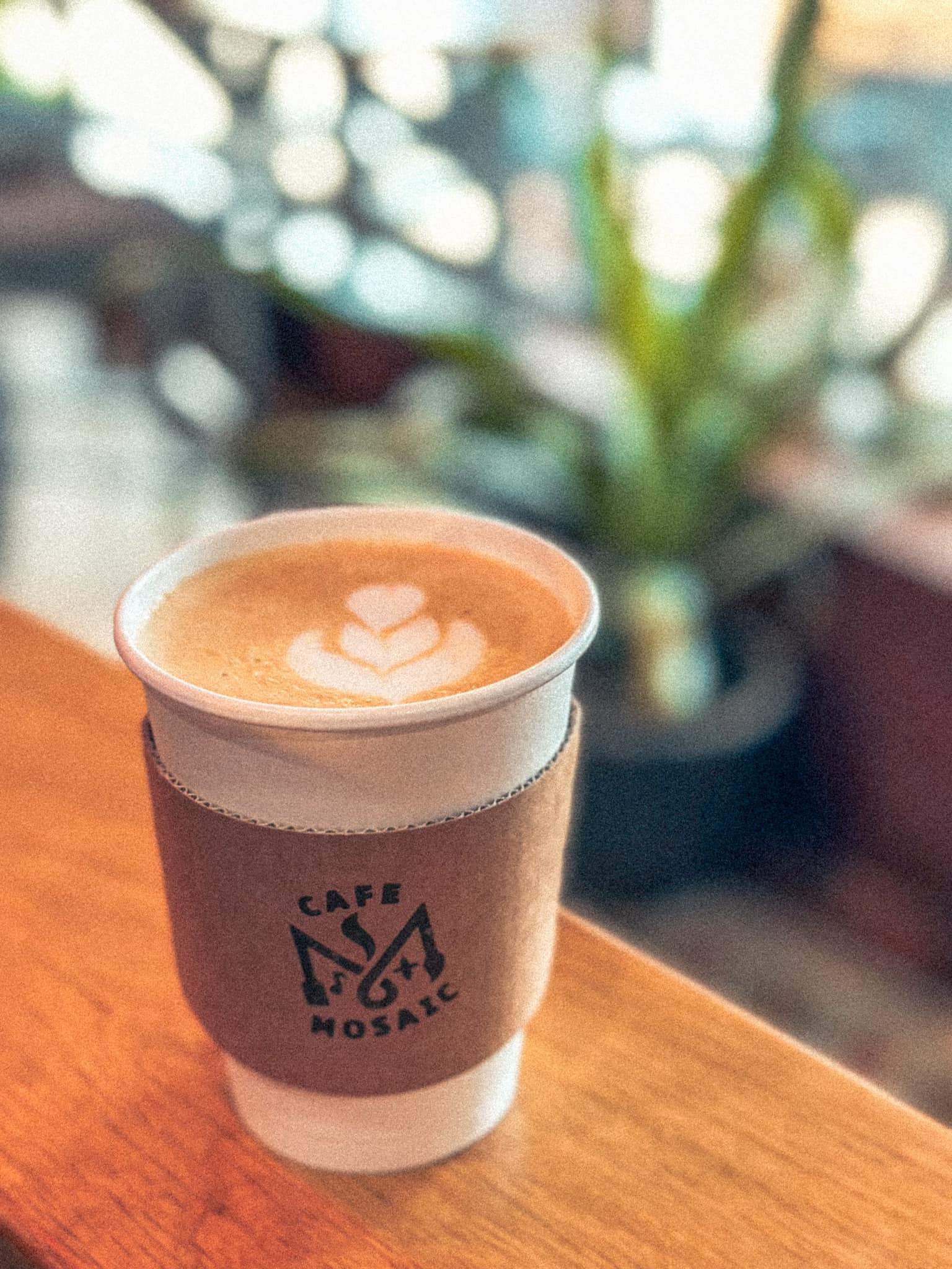 A Cafe Mosaic latte with leaf-pattern latte art in a cup wrapped in a branded sleeve, set against soft daylight and houseplants.